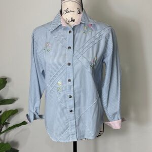 CORET CITY BLUES Petite Blue Striped Cotton Shirt Floral Embroidery VTG SZ S